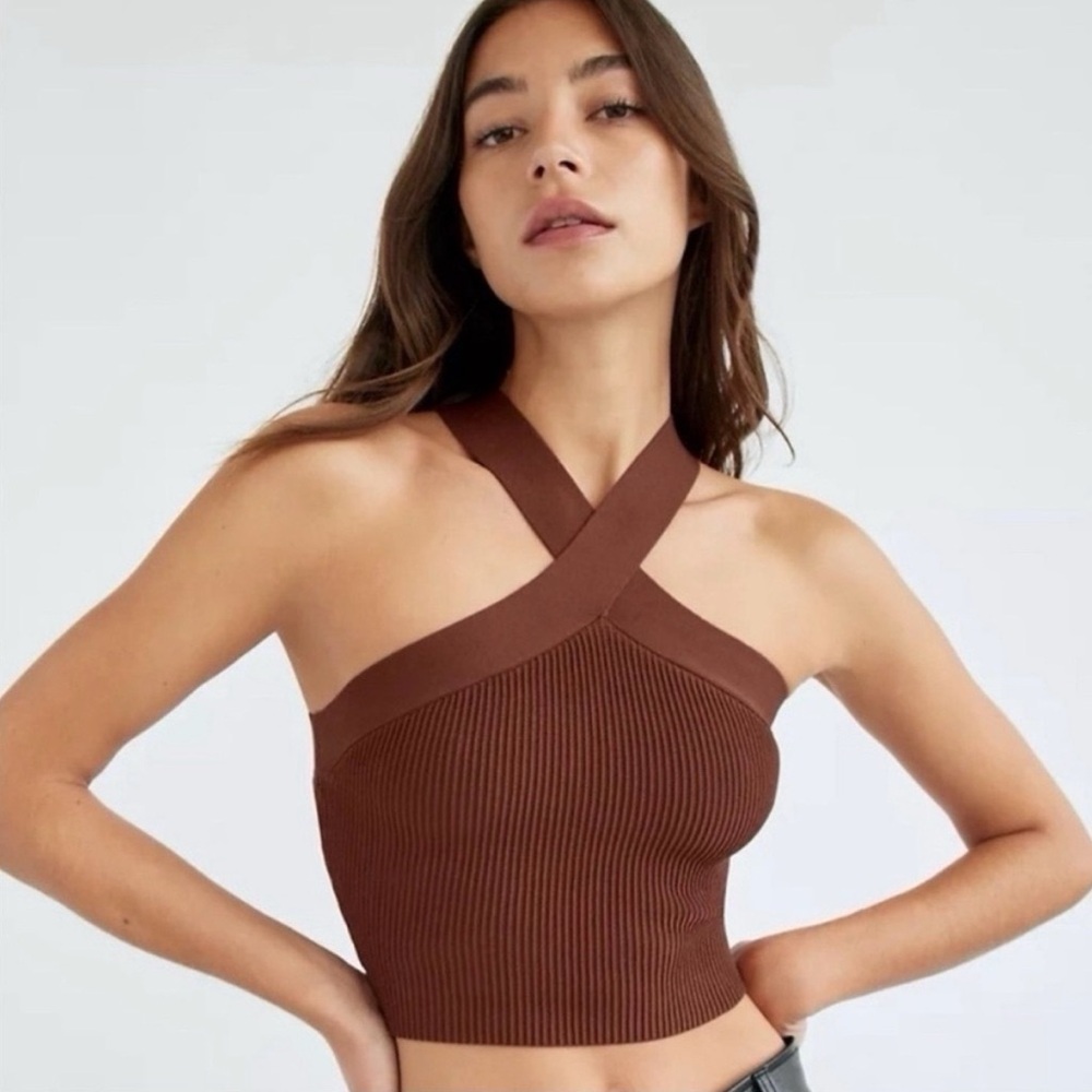 Aritzia Babaton Chocolate Ribbed Cross-Neck Halter Top
